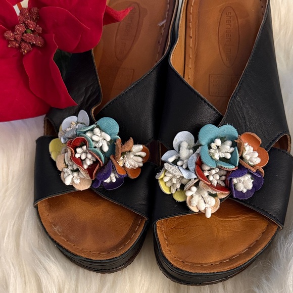 Sheridan Mia Shoes - Sheridan Mia Black Leather Sandals with Colorful Floral Design🔥